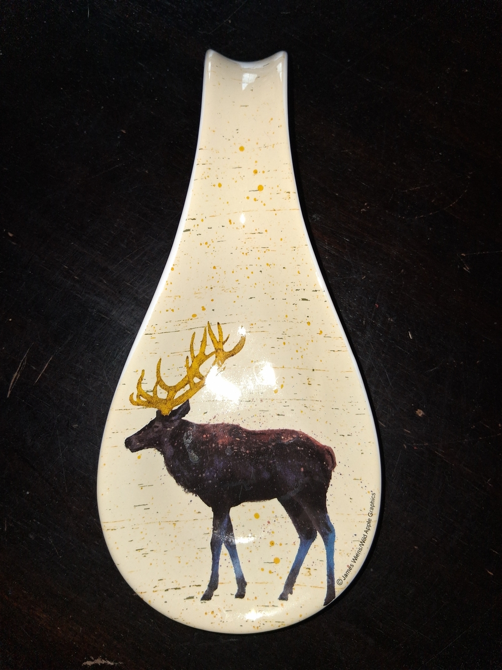 Hand-Painted Elk Spoon Rest - Cream and Gold Accent 10in Long Rustic Cabin